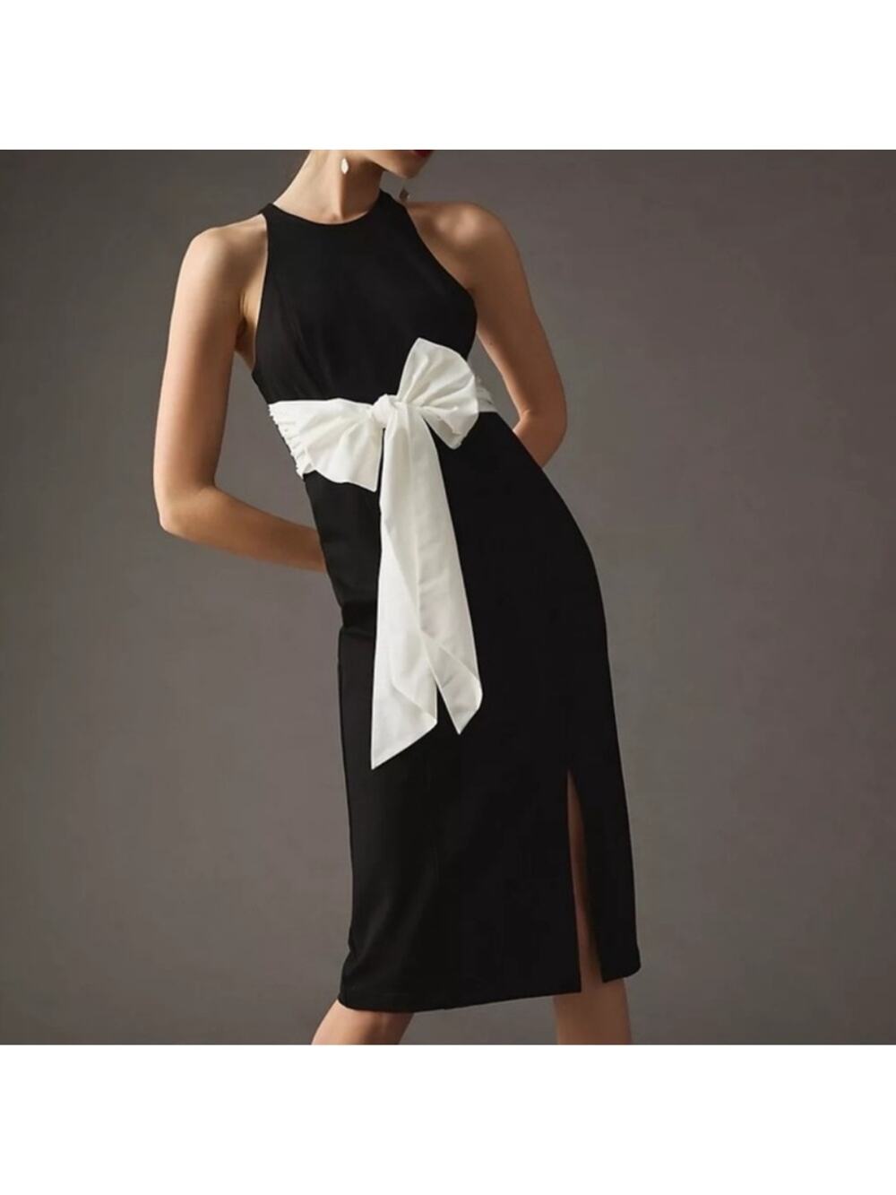 Anthropologie Maeve Women’s White Bow Waist High Neck Black Bodycon Midi Dress S